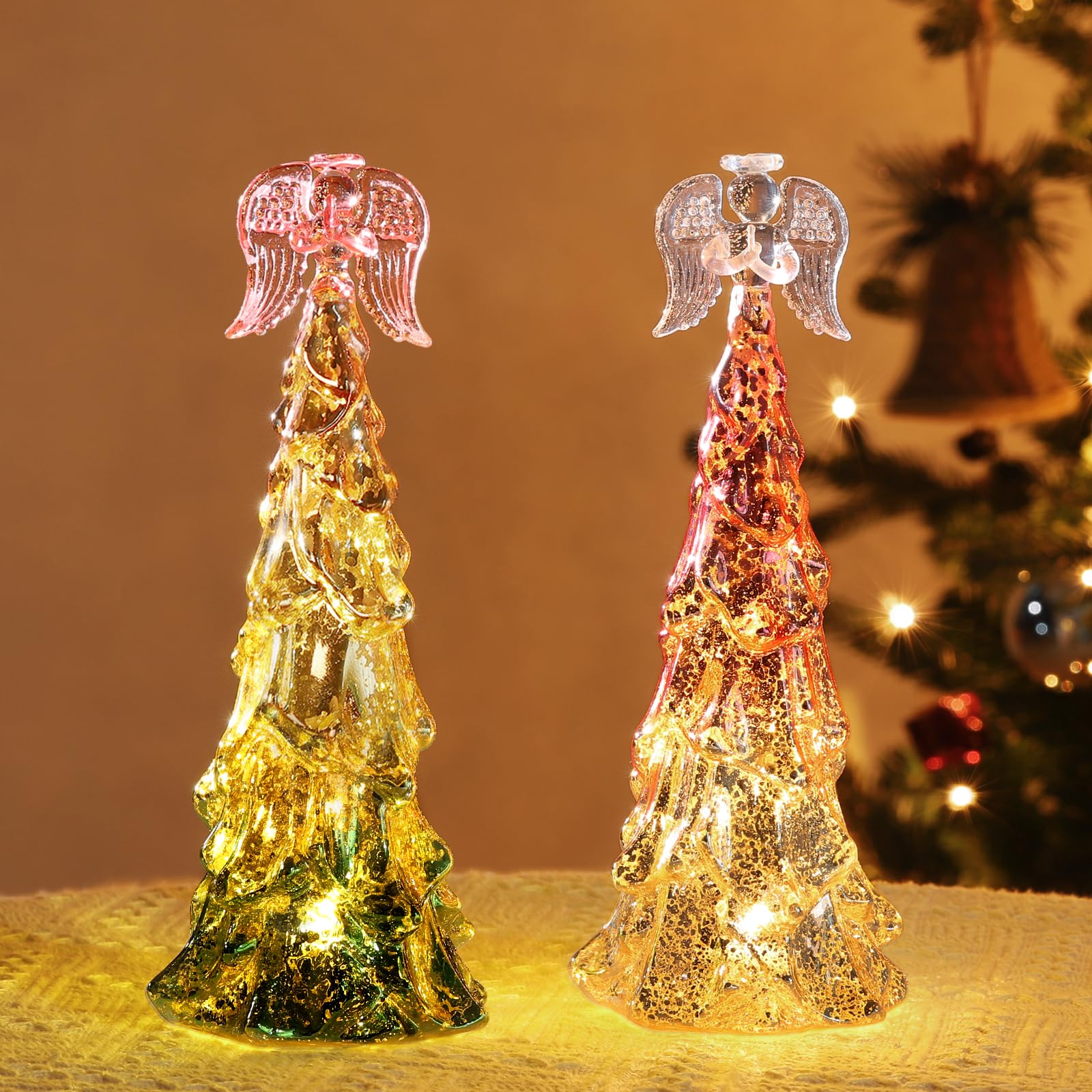 Lewondr 2-Piece Lighted Glass Christmas Tree with Angel Topper - Mercury Glass Tabletop Décor-image-d2d3f544-9eec-4c8c-9274-e00e1737e375-59487