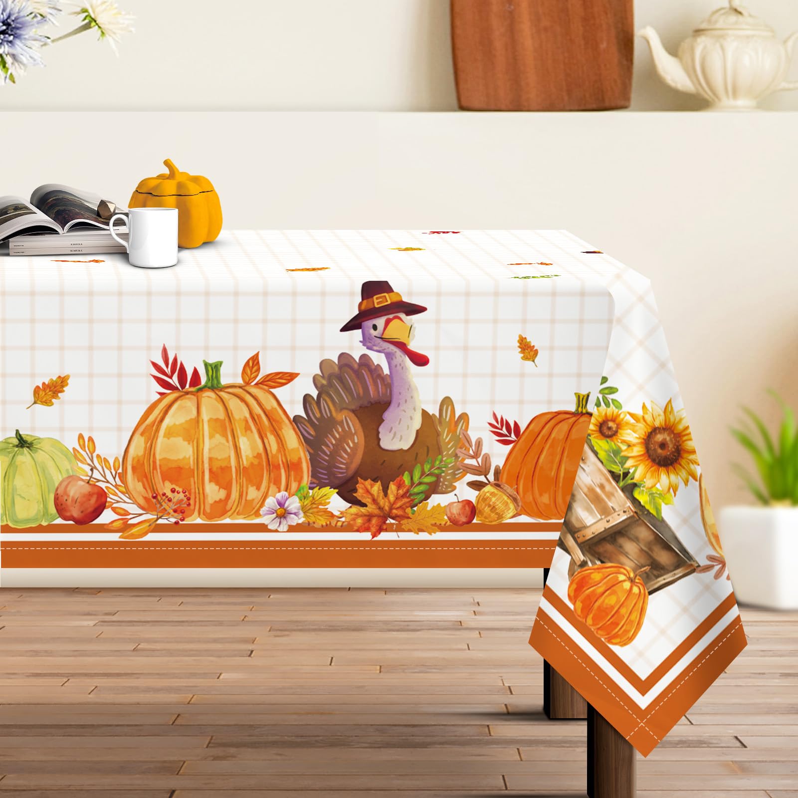 Thanksgiving Waterproof Tablecloth with Maple Leaves & Pumpkins - 152x213cm, Stain Resistant, Autumn Decor-image-c8828205-e849-4455-bfcf-a0be9bdcd512-66167
