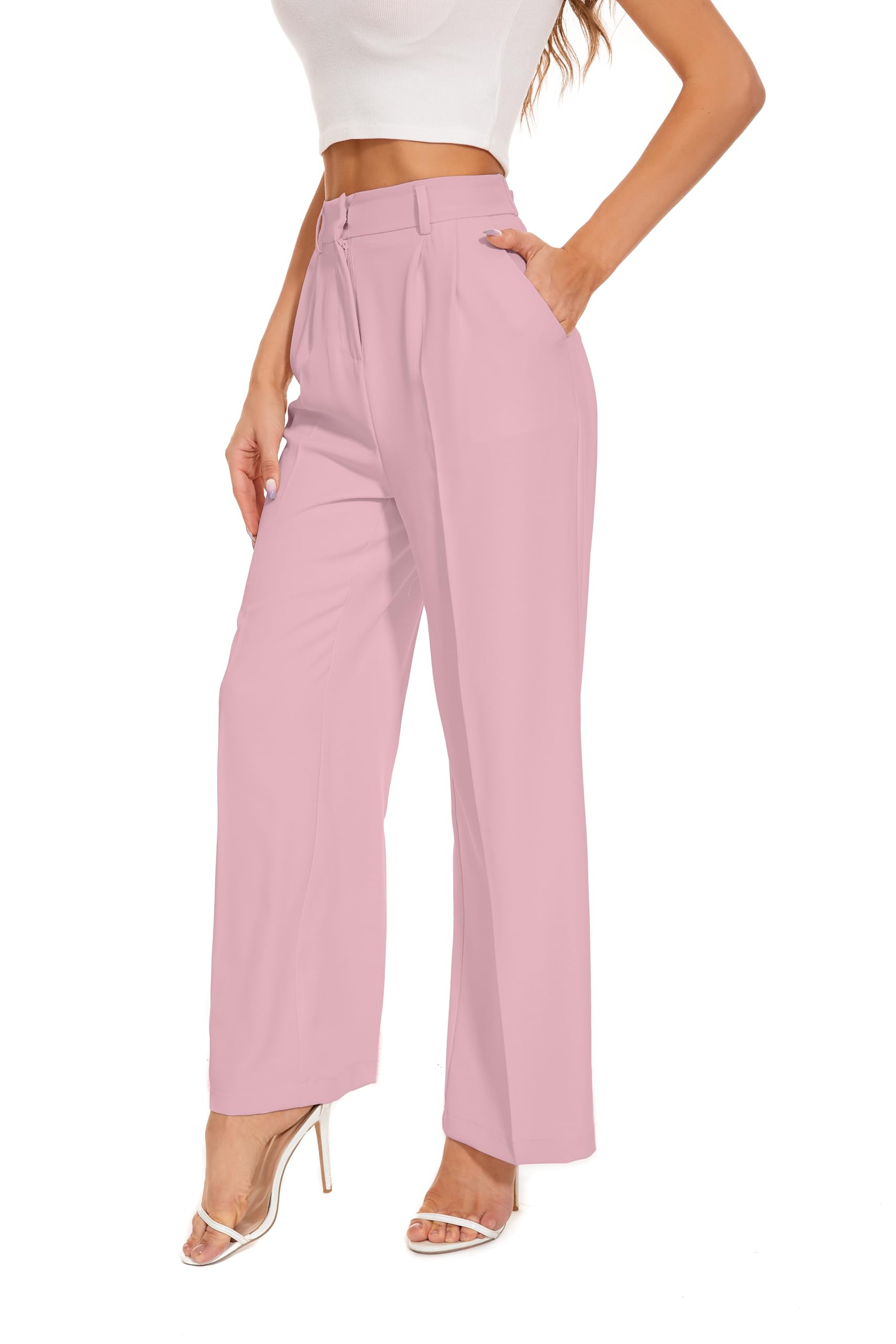 Women's Wide Leg High Waist Business Trousers - Elastic Back, Long -Pink - Large-image-8c7b00f5-7522-4ae7-a603-30f4f6eba82a-55610