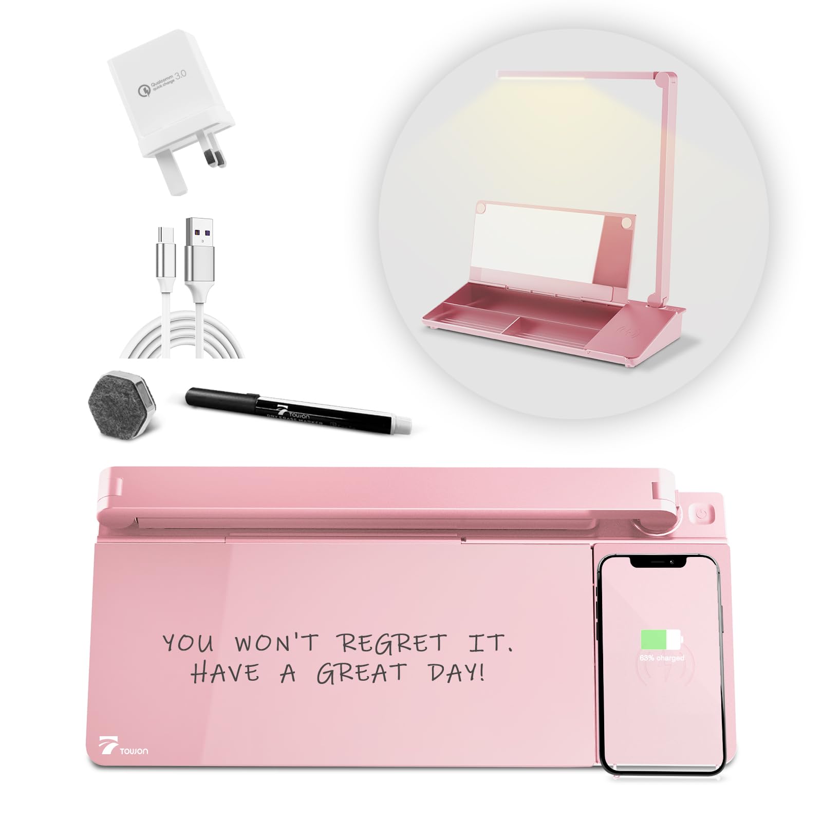 Desktop Whiteboard with LED Lamp - Pink 40x14cm-image-f6880768-e954-4976-8265-99cb9bb7dbb5-119502