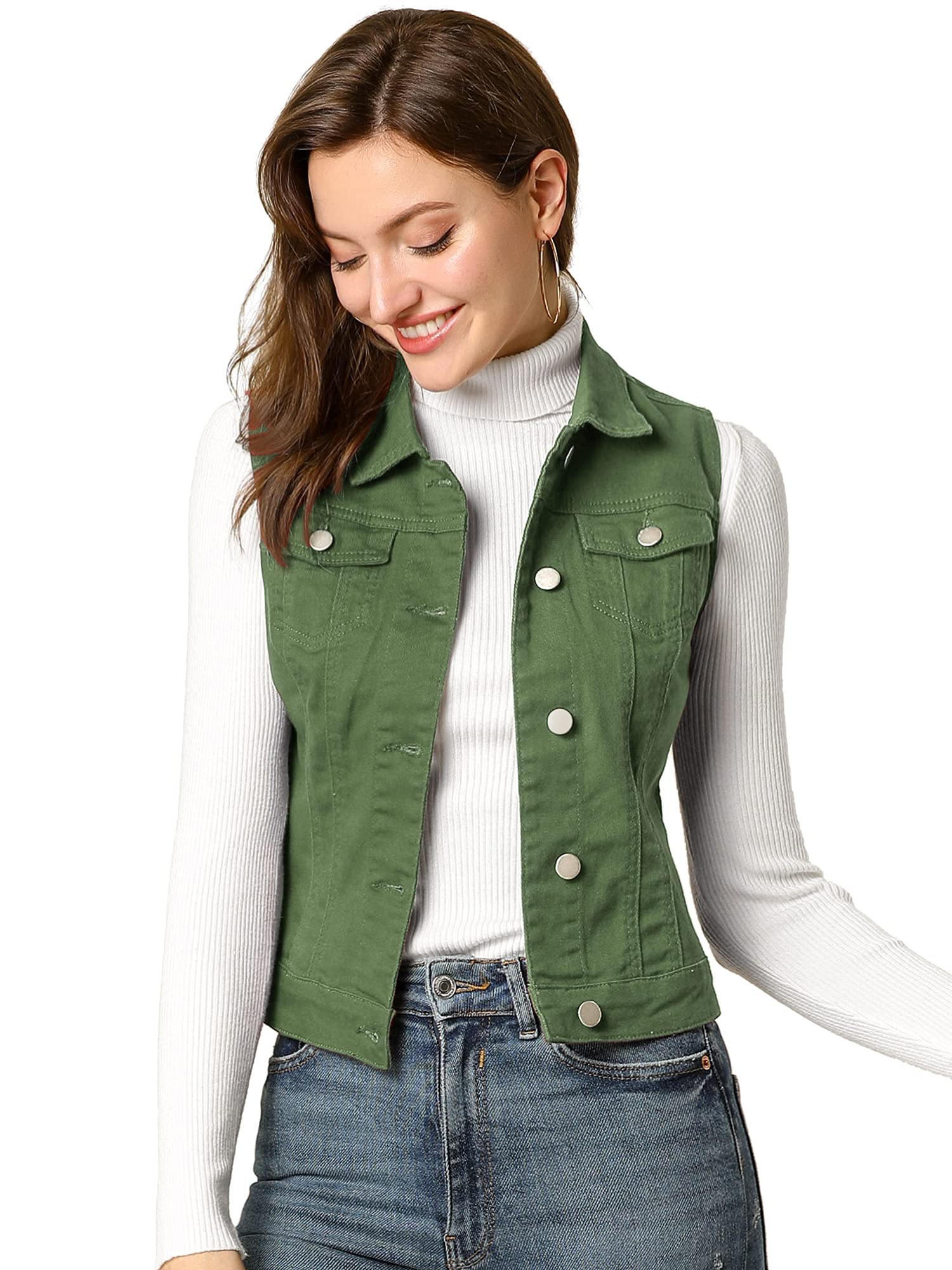 Women's Olive Green Denim Vest Jacket with Buttoned Flap Pockets - XL, Casual & Versatile-image-6ad2bee5-326e-4e38-baea-bd9a63c4b17d-71272